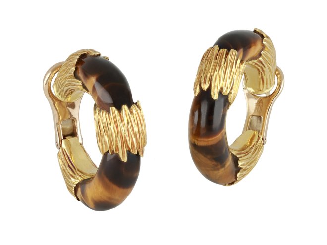 Kutchinsky tiger's eye earrings, English, 1972.