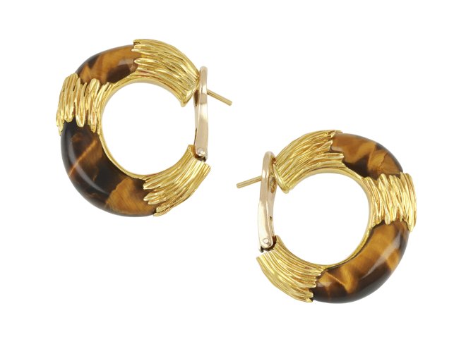 Kutchinsky tiger's eye earrings, English, 1972.