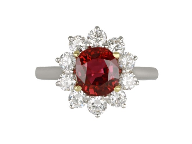 Kutchinksy ruby and diamond coronet cluster ring, circa 1970.