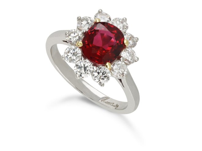 Kutchinksy ruby and diamond coronet cluster ring, circa 1970.