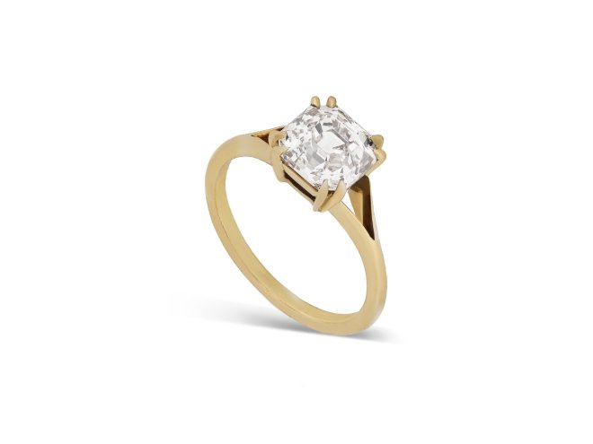Asscher cut diamond solitaire ring, circa 1950. 