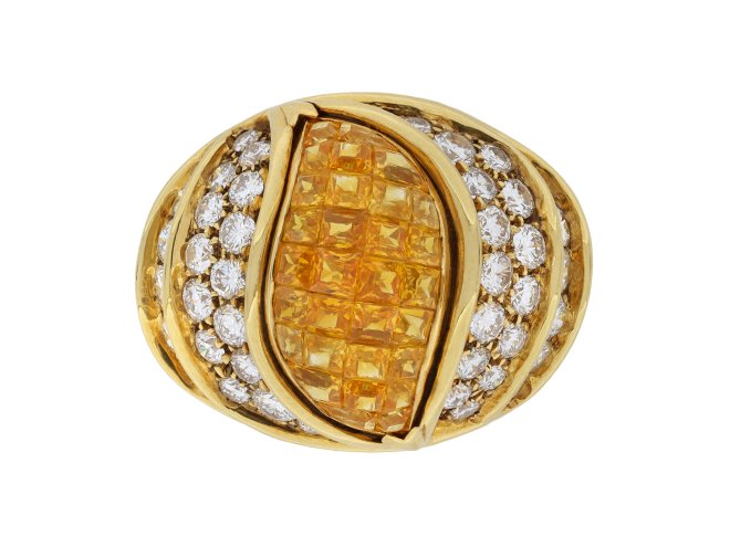 Kutchinsky yellow sapphire and diamond dress ring, circa 1980.