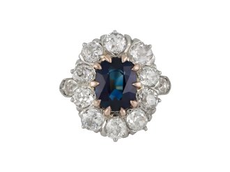 Edwardian sapphire and diamond coronet cluster ring, circa 1910.