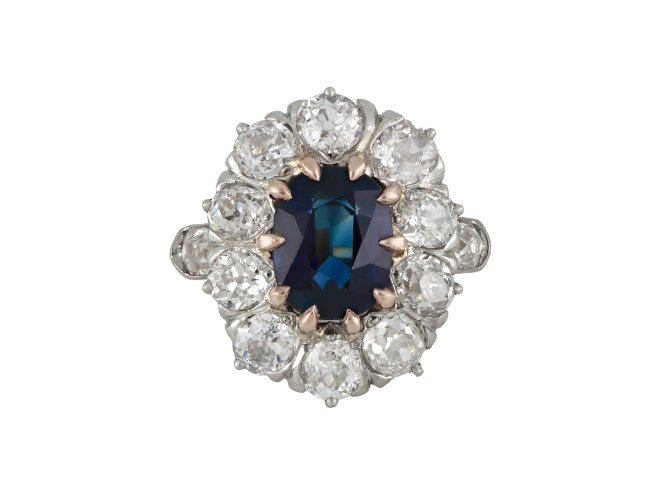 Edwardian sapphire and diamond coronet cluster ring, circa 1910.