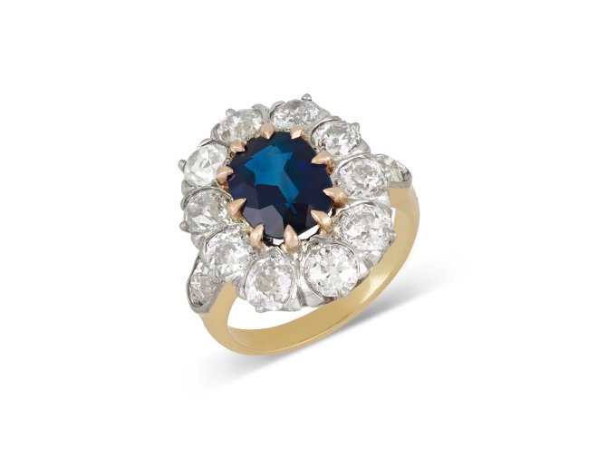 Edwardian sapphire and diamond coronet cluster ring, circa 1910.