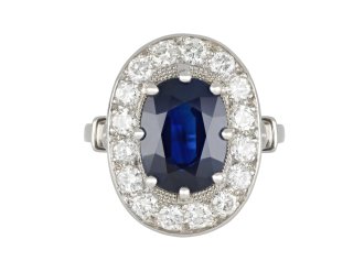 Sapphire and diamond coronet cluster ring, French, circa 1950.