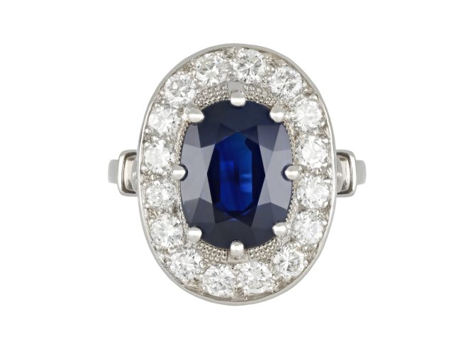 Sapphire and diamond coronet cluster ring, French, circa 1950.