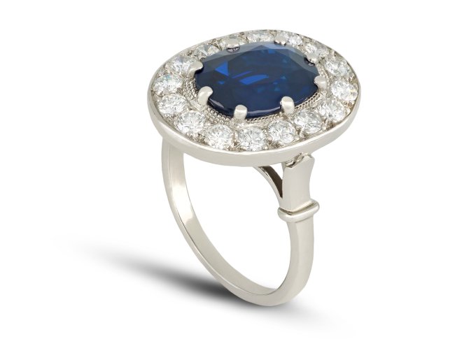 Sapphire and diamond coronet cluster ring, French, circa 1950.