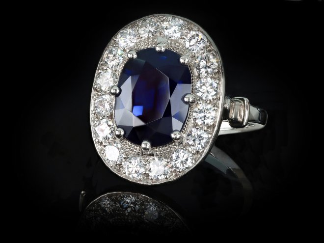 Sapphire and diamond coronet cluster ring, French, circa 1950.