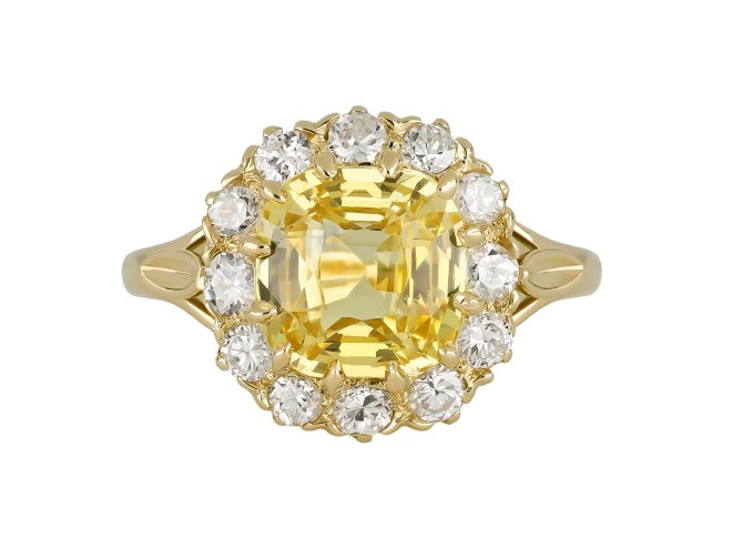 Yellow Ceylon sapphire and diamond coronet cluster ring, circa 1900