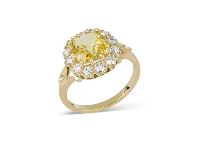 Yellow Ceylon sapphire and diamond coronet cluster ring, circa 1900
