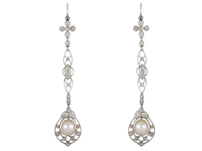 Edwardian pearl and diamond drop earrings, circa 1915.