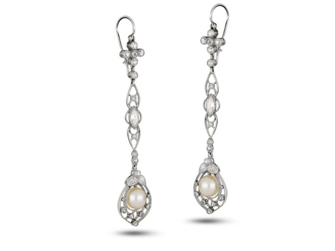 Edwardian pearl and diamond drop earrings, circa 1915.