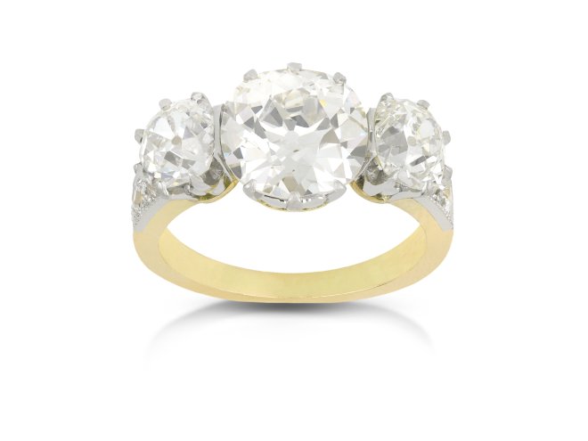 Edwardian diamond three stone ring, English, circa 1905.