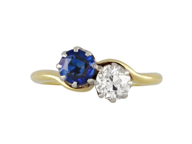 Sapphire and diamond crossover ring, circa 1940.