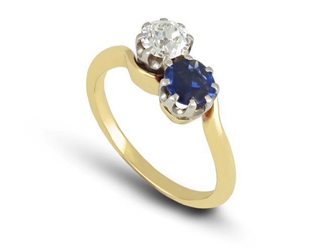 Sapphire and diamond crossover ring, circa 1940.