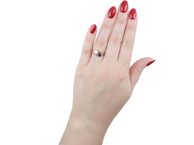 Sapphire and diamond crossover ring, circa 1940.