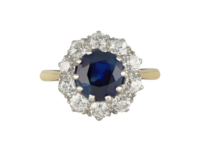 Edwardian sapphire and diamond coronet cluster ring, circa 1915.