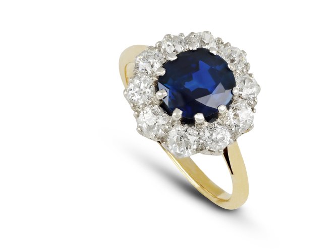 Edwardian sapphire and diamond coronet cluster ring, circa 1915.