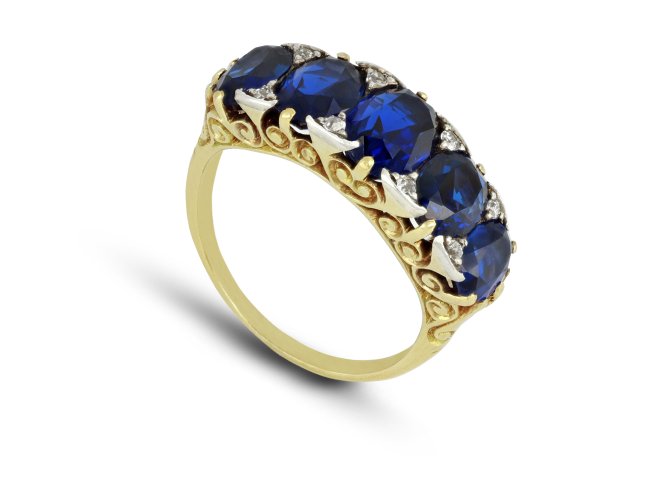 Victorian Burmese sapphire five stone ring, circa 1890.