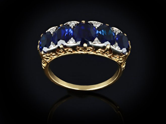 Victorian Burmese sapphire five stone ring, circa 1890.