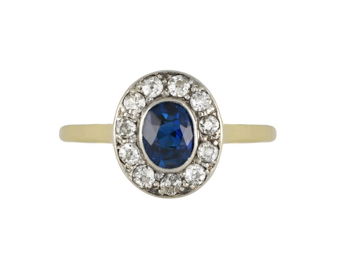 Sapphire and diamond coronet cluster ring, circa 1910.