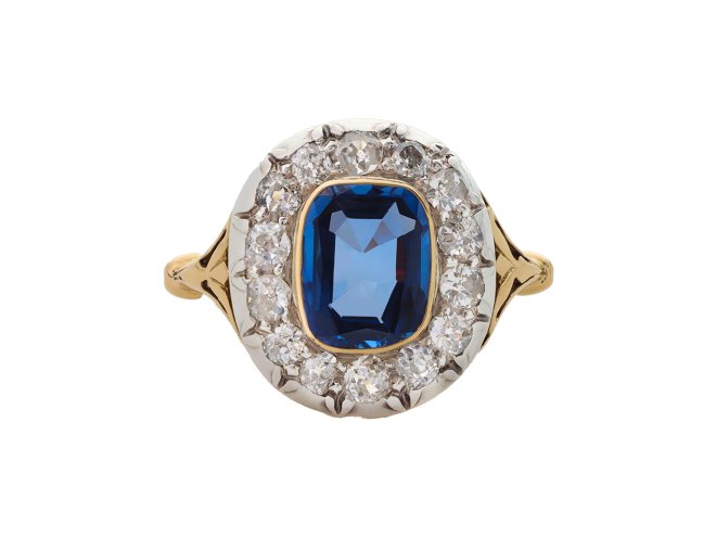 Ceylon sapphire and diamond coronet cluster ring, circa 1890. 