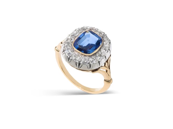 Ceylon sapphire and diamond coronet cluster ring, circa 1890. 