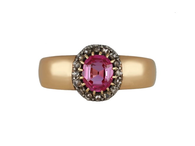 Pink Burmese Sapphire and diamond coronet cluster ring, circa 1880. 