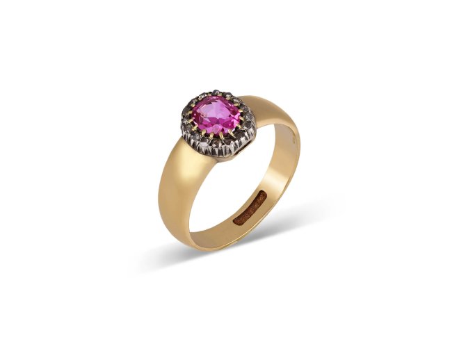Pink Burmese Sapphire and diamond coronet cluster ring, circa 1880. 
