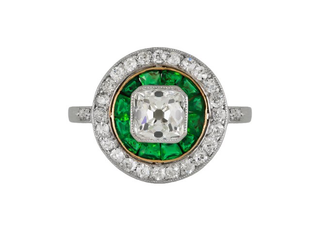 Old Mine Diamond and Emerald Target Ring, circa 1920