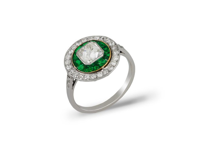 Old Mine Diamond and Emerald Target Ring, circa 1920