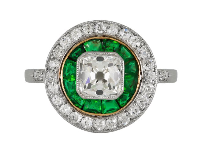 Old Mine Diamond and Emerald Target Ring, circa 1920