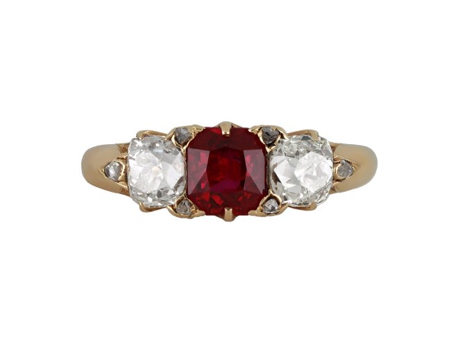 Victorian ruby and diamond carved ring, circa 1890.