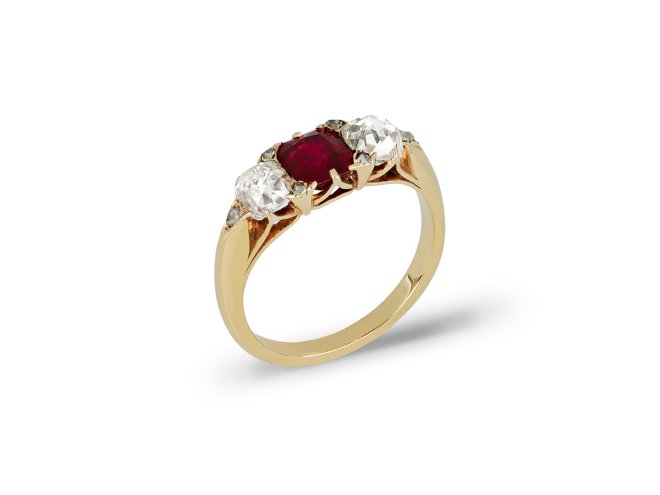 Victorian ruby and diamond carved ring, circa 1890.