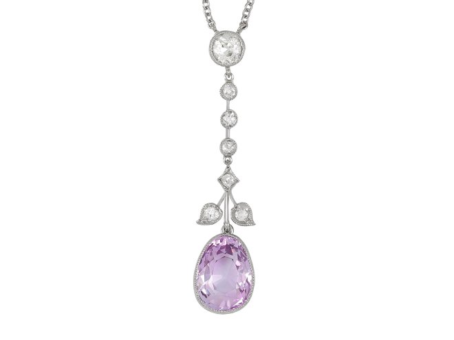Purple Ceylon sapphire and diamond pendant, circa 1920. 