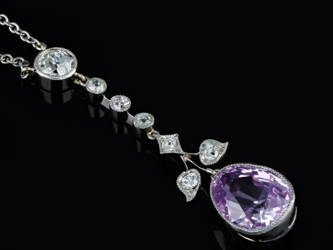 Purple Ceylon sapphire and diamond pendant, circa 1920. 