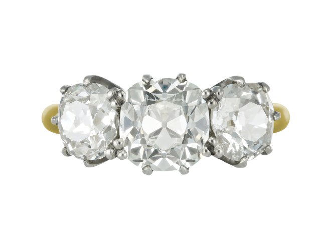 Old mine diamond three stone ring, circa 1910. 