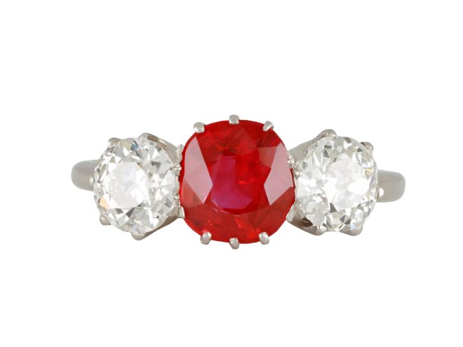 Burmese ruby and diamond three stone ring, circa 1940.