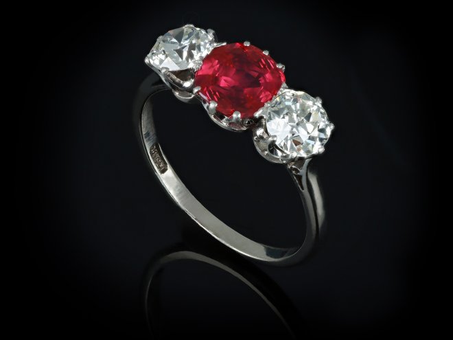 Burmese ruby and diamond three stone ring, circa 1940.