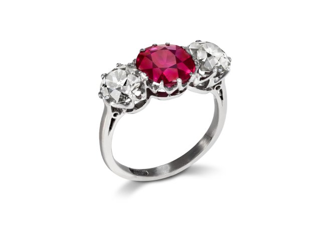 Burmese ruby and diamond three stone ring, early 20th Century. 