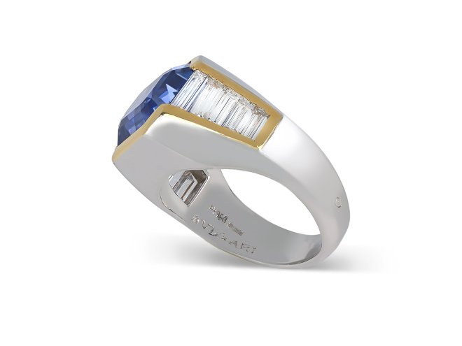 Bulgari Ceylon sapphire and diamond trombino ring, circa 1970s.