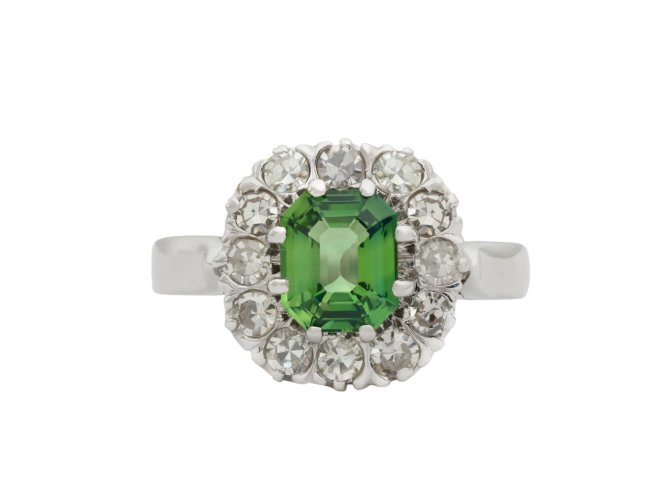 Green sapphire and diamond coronet cluster ring, French, circa 1960
