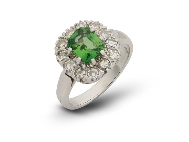 Green sapphire and diamond coronet cluster ring, French, circa 1960