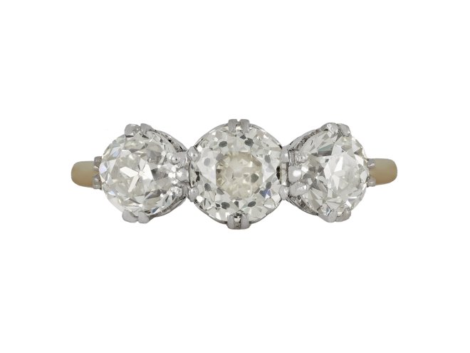 Old cut diamond three stone ring, circa 1905. 