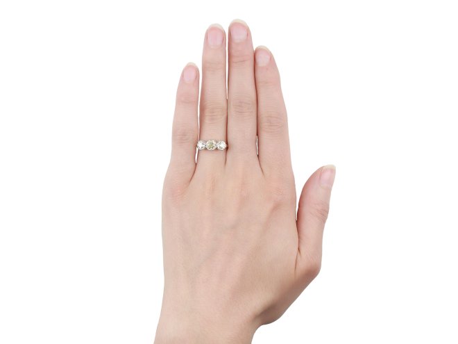 Old cut diamond three stone ring, circa 1905. 