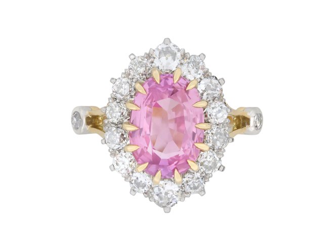 Padparadscha and diamond coronet cluster ring, circa 1910.