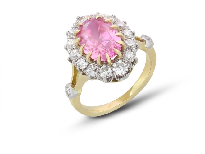 Padparadscha and diamond coronet cluster ring, circa 1910.