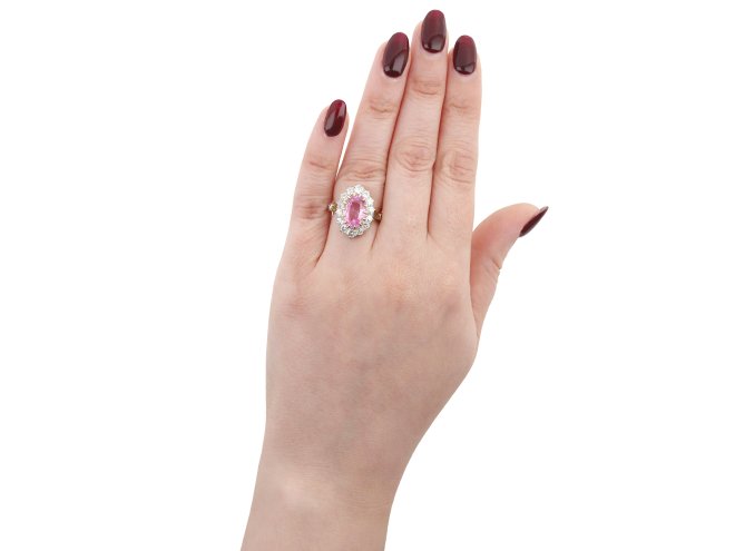 Padparadscha and diamond coronet cluster ring, circa 1910.