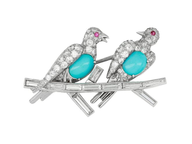 Turquoise and Diamond Bird Brooch, Circa 1950